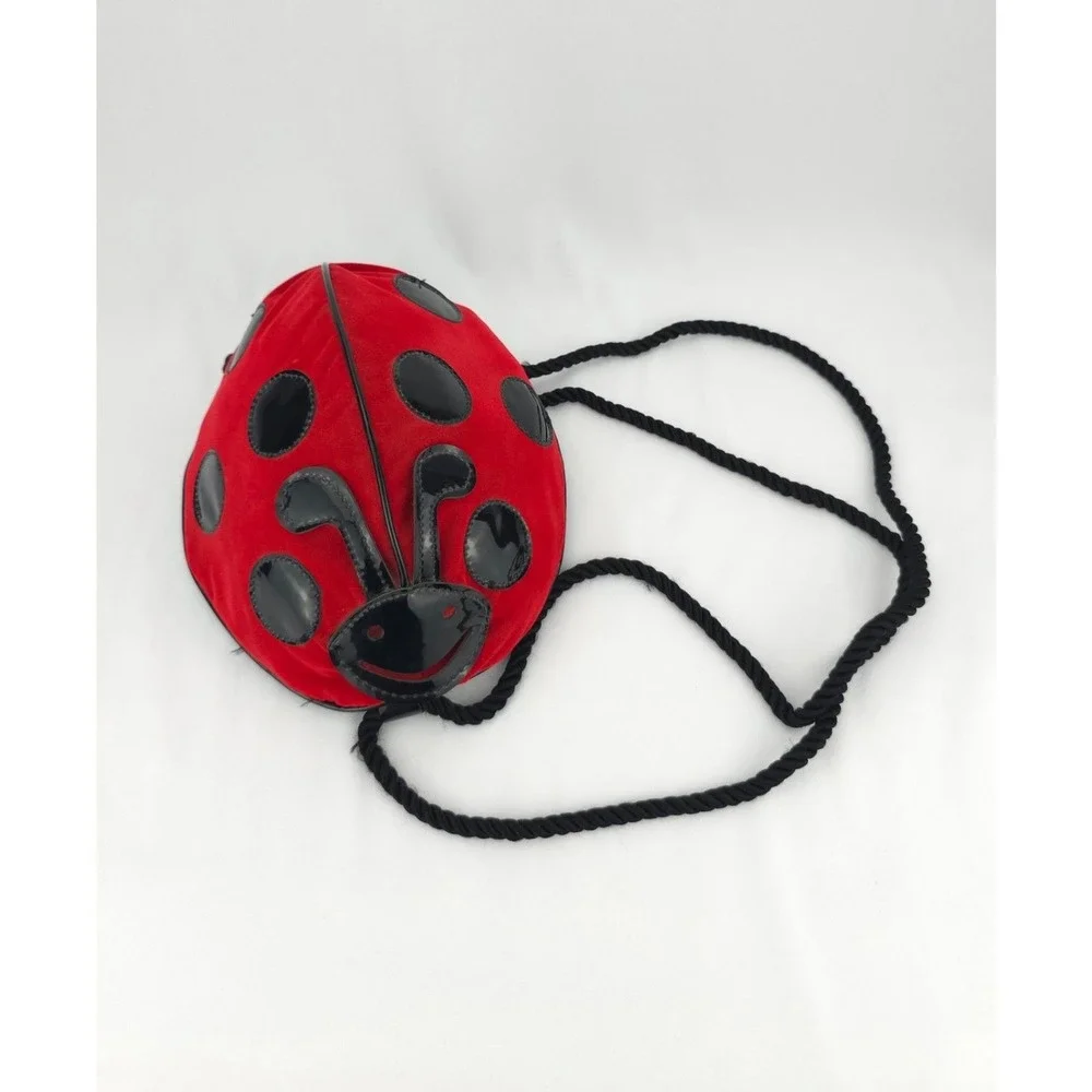Y2K 90s Velveteen‎ Polka Dot Ladybug Backpack Purse Red Black Zipper